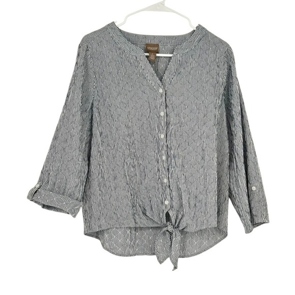 Chico's Tie-Front Blouse Striped Seersucker Button Down Long Sleeve Top SZ 1/M/8 - Picture 1 of 9